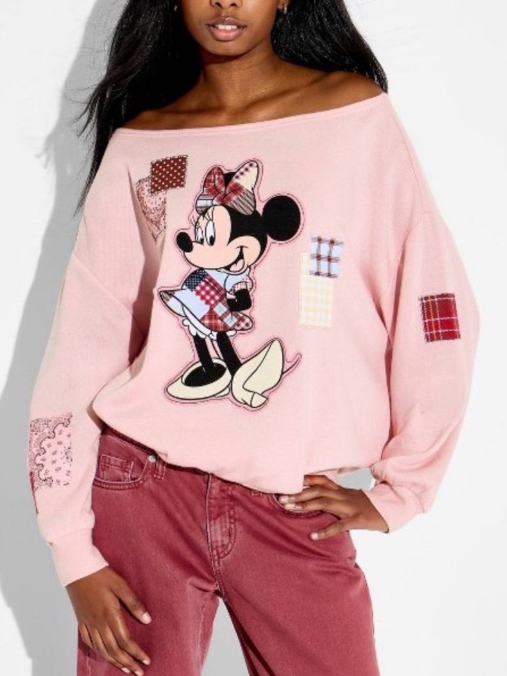 Mad Engine Off the Shoulder Minnie Patchwork Pullover Sweatshirt Sz S - NWT